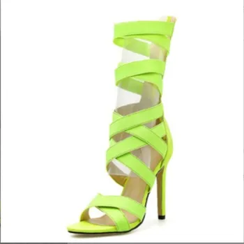 2023 Sonbahar Moda Floresan yeşil Streç Kumaş Fermuar Kadın Sandalet Peep Toe Yüksek Topuklu yarım çizmeler Oymak Sandalet