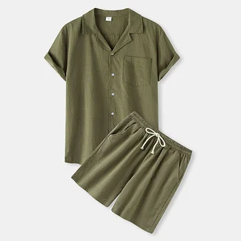 Erkek Kıyafet Seti 2023 Yaz Yeni erkek Düz Renk Kısa kollu Gömlek Şort Takım Elbise erkek Pamuk ve Keten günlük giysi Erkek