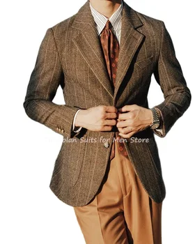 2 Adet Çentik Yaka Kahverengi Çizgili Balıksırtı Ceket Haki Pantolon Custom Made Blazer Pantolon Erkek Takım Elbise Setleri Düğün Parti Giyim Ceket