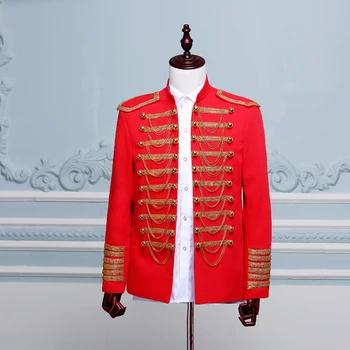 2018 Erkek Klasik Avrupa Ordusu Üniforma Sahne Giyim Siyah Kırmızı Altın Kruvaze Mahkemesi Blazer Kostüm Homme Ceketler Erkekler
