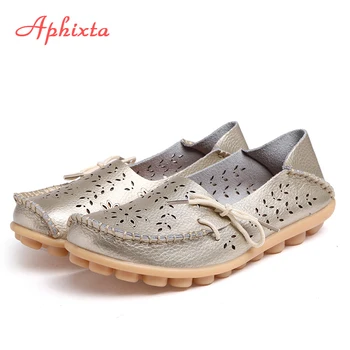 Aphixta Hakiki deri ayakkabı Kadın Loafer'lar Yaz Cut-Çıkışları Hollow Flats Moccasins Nefes Örgü Bayanlar Anne Ayakkabı Düz Ayakkabı
