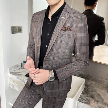 (Blazer + Pantolon) erkek takım elbise 2 Parça Set Erkek Düğün Yeni 2021 Sonbahar İş Resmi Ekose Takım Elbise Lüks Slim Fit Ceket Pantolon