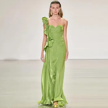 Bir Omuz Sweetjeart Parlak Yeşil Düz Ruffled Abiye Kat Uzunluk Pürüzsüz balo kıyafetleri Kadınlar İçin Özel Yapılmış