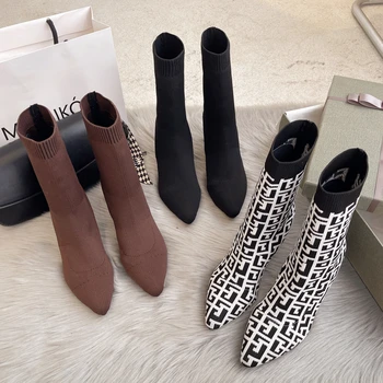 2023 Yeni Kış kadın ayakkabısı Örme Orta buzağı Çorap Çizmeler Sivri Burun Stiletto Elastik Tasarımcı kadın Botları