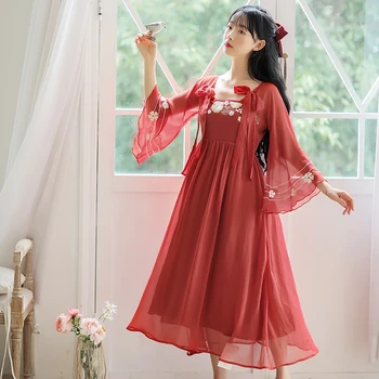 Yaz Sonbahar Kadın Elbise Vintage Yüksek bel Şifon Çin tarzı Nakış parlama kollu Retro Tatlı Kadın elbiseler 2020 sıcak