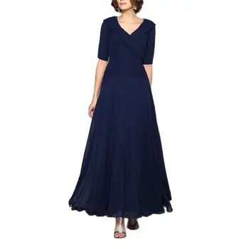 Muhteşem Lacivert Şifon kadın elbiseleri A-line Yarım Kollu Ruffles V Yaka Ayak Bileği Uzunlukta Artı Boyutu anne Gelin Elbiseler