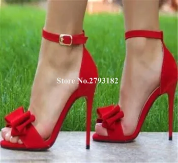 Kadınlar Sevimli Moda Süet Deri Burnu açık Stiletto Topuk Papyon Sandalet Ayak Bileği Kayışı Toka Mavi Kırmızı yüksek topuklu sandalet Elbise Topuklu