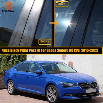 4 Adet Skoda Superb için B8 (3V)2016 2017-2023 Araba Pillar Mesajları Parlak Siyah Kapı Pencere Kalıplama Kapak Çıkartmalar Aksesuarları