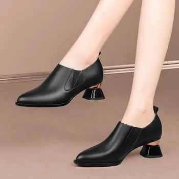 Ücretsiz Kargo Boyutu 33-43 Yumuşak Hakiki Deri Kadın Topuklu Ayakkabılar Rahat Sivri Burun Gidip Moda Kalın Yüksek Topuk Ayakkabı