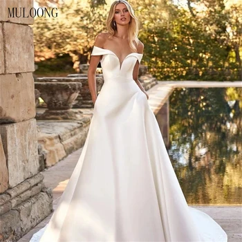MULOONG Zarif Sevgiliye Kapalı Omuz Kolsuz Beyaz Uzun Bir Çizgi Backless düğün elbisesi Kat Uzunluk Sweep Tren Abiye