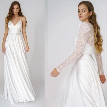 Basit Halter Saten Backless düğün elbisesi Payetli Bolero Cover Up Bırak Gemi Custom Made İki Adet Düz Sapanlar gelin kıyafeti