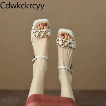yaz moda Açık ayak yüksek topuklu kadın Sandalet Metal dekorasyon Delikli havalandırma Kalın topuk Kadın sandalet
