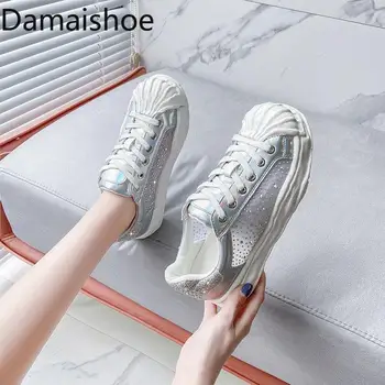 Kabuk Ayak Çözünmüş Ayakkabı Kadınlar için 2021 Yeni Yaz İnce Nefes Örgü Tam Elmas Platformu Örgü Yüzey Sneakers beyaz Ayakkabı