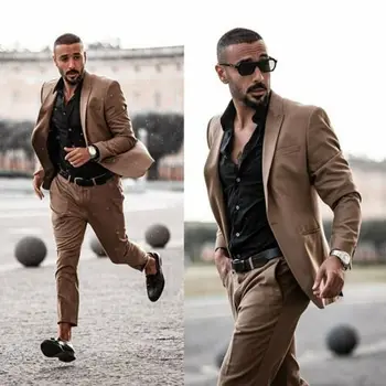 Yeni varış Iş Kahverengi Erkek Takım Elbise Slim Fit Damat 2 Adet Balo Ceketler pantolon Klasik tasarım Çift Delikleri Blazer terno masculino