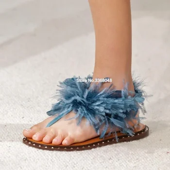 2019 Hakiki Deri Tüy Dekor Kadın düz Sandalet Devekuşu Kürk Flip Flop Mavi Toka Kayış Dışında Beachwear Yaz Ayakkabı