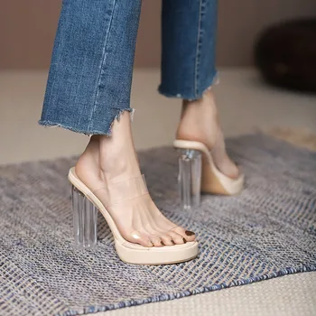 Terlik Kadın Giyim 2023 Yeni Yaz Kristal Örgü Kırmızı şeffaf ayakkabı Çok Yönlü Kalın Topuklu Yüksek topuklu Sandalet kadın Yaz