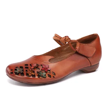 orta topuk Kadın Pompaları Hakiki Deri Kare topuk Yuvarlak Ayak Kanca Döngü Sığ retro ayakkabı kadın Deve renk