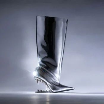 Sonbahar Ve Kış Yeni Stil kadın Diz Yüksek Çizmeler Diş Şekilli Topuk kadın ayakkabısı Patent Deri Slip-on Moda Bayan Ayakkabı