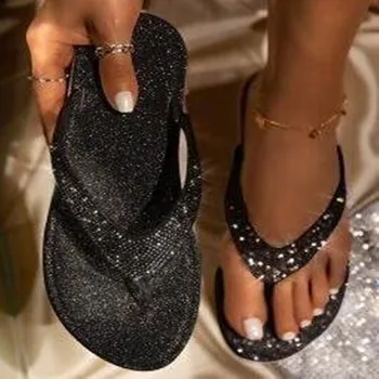 Kadın parmak arası terlik Slaytlar Bling Taklidi Bayan Ayakkabıları Rahat Yaz Düz Kadın Kristal Glitter Kadın Artı Boyutu 2023