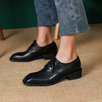 Kare Ayak Kadın Dantel-Up Flats İnek Derisi Retro Oxfords Retro Günlük İngiliz Tarzı temel ayakkabı Kadınlar İçin Gerçek Deri Konfor Daireler