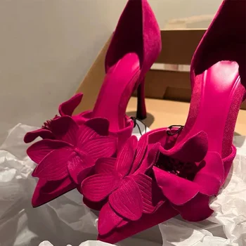 Sonbahar Çiçek topuklu ayakkabılar Kadınlar İçin Ayak Bileği Kayışı Yüksek Topuklu Kadın Mor Sivri Burun Slingback Pompaları Düğün Gelin Ayakkabı B069