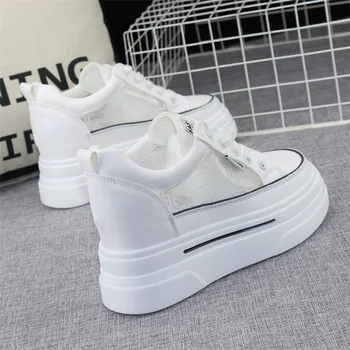 8 CM Gizli Topuklu Beyaz Platformu Takozlar Sneakers Kadın Ayakkabı Yüksek Top PU Deri Tenis Feminino Rahat Sepeti Femme
