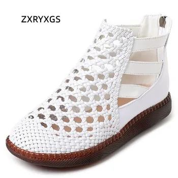 ZXRYXGS 2023 Yeni Moda Dokuma Hakiki Deri Sandalet Serin Botlar Düz Yumuşak Taban Konfor Sandalet Kadın Sandalet Ayakkabı Büyük Boy