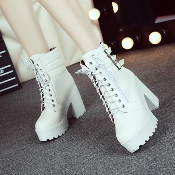 Sonbahar Kış yeni stil İngiliz tarzı Kalın topuk çizmeler kemer tokası Dantel Moda bayan botları yüksek 9.5 cm artı boyutu 34-43