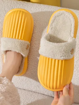 Sıcak Kabarık Kadın ev terlikleri Kış Kapalı Kat Slaytlar Kalın Taban Adam Açık pamuklu ayakkabılar Çıkarılabilir Rahat Çift Ev Ayakkabıları