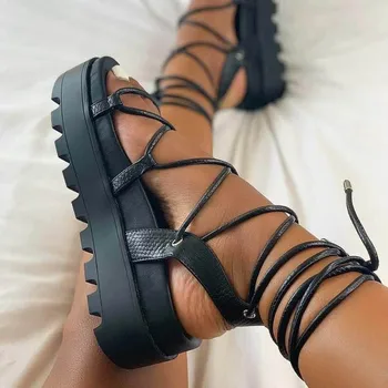 Moda Kadın Gladyatör Sandalet Bayanlar Kama Ayakkabı Kadın Lace Up platform ayakkabılar Kadın Çapraz Askıları Çizmeler Kalın Alt Sandalet
