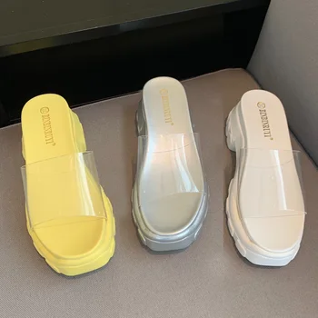 2022 ünlü marka şeffaf platform terlik kadınlar gümüş sarı muffin ayakkabı yaz slaytlar kadın şeffaf bant flip flop