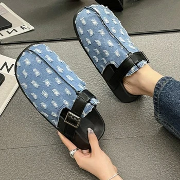 Yeni Platform Yaratıcı Kumaş Rahat kadın Terlik kadın Açık Yüksek Kaliteli Vintage Kemer Tokası düz ayakkabı Zapatos Mujer