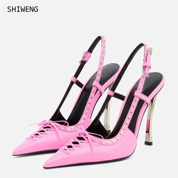 2023 Yaz Yeni kadın ayakkabısı Metal Stiletto topuklu sandalet Sivri Burun Perçin Pupms Seksi Çapraz Bağlı Yüksek Topuk Elbise parti ayakkabıları 43