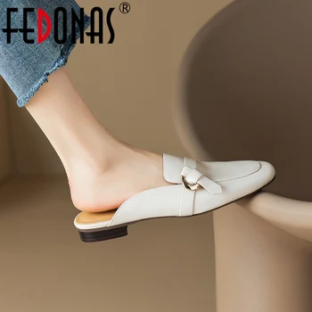FEDONAS Kare Ayak Düşük Topuklu Kadın Terlik Sandalet Bahar Yaz Muhtasar Hakiki Deri Pompaları Rahat iş ayakkabısı Kadın Katır