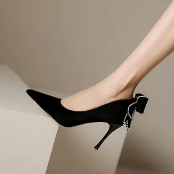 Kadın Pompaları Geri Kristal Yay Tekne Ayakkabı Sivri Burun Stilettos Siyah Faux Süet Süper Yüksek Topuklu Elbise Ayakkabı Zapatos Mujer 1298C