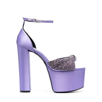 2023 Yaz Yeni Stil kadın Yüksek Tıknaz Platformu Yuvarlak Toe Peep Toe Sandalet Bir çizgi Toka Elmas / Yapay Elmas