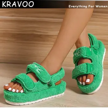 KRAVOO Peluş Sandalet Kadınlar için moda platform ayakkabılar Retro Düz Kabarık Kürklü rahat ayakkabılar Kadın Açık Yuvarlak Ayak Sandalias