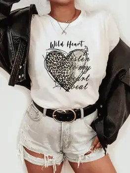Leopar Aşk Kalp Trend Tatlı Rahat Grafik T-shirt Moda Baskılı Kısa Kollu Tee T Kadın Giyim Yaz kadın kıyafetleri