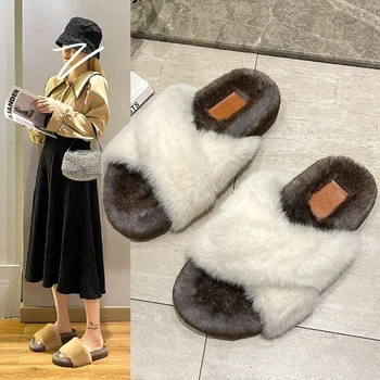 yeni tasarım kış kürk terlik kadın çift bant peluş slaytlar ayakkabı kadın çapraz kürklü ev ayakkabı flipflops bayanlar tüylü terlik