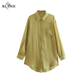SLTNX Moda Şeffaf Kadın Gömlek 2023 Yaz Uzun Kollu Kadın Üstleri Bayanlar Şık Rahat Gevşek Uzun gömlek ve Bluzlar Yeni