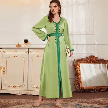 Müslüman Abayas Kadınlar için V Yaka El Dikiş Matkap Dubai hint elbisesi Moda Kazak Parti Doğum Günü Elbise Müslüman Fas Elbise