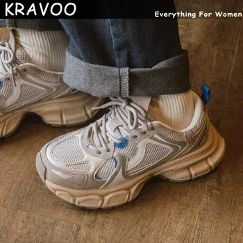 KRAVOO Ayakkabı Kadınlar için Karışık Renkler Örgü Kadın Ayakkabı Platformu Kadın Tenis ayakkabıları Dantel-up Tasarımcı rahat ayakkabılar Yaz 2023