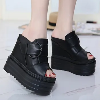 Yüksek Platform Terlik Kama Sandalet Kadınlar için 2023 Yaz Yeni Balık Ağzı Yüksek Topuklu siyah kemer Tokası Moda Zapatos De Mujer