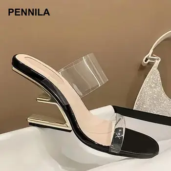 Marka tasarım ayakkabı kadın Katır Yüksek topuklu Sandalet Şeffaf Terlik Garip Topuklu PVC Şeffaf Topuklu Yaz Ayakkabı 2023 P316