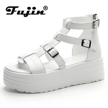 Fujin 6 cm ROMA Hakiki Deri Kadın Terlik Yaz Bayanlar Sandalet Moda Tıknaz Ayakkabı Platformu Kama Fermuar rahat ayakkabılar