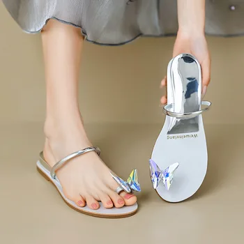 İç Yükseltilmiş Terlik Kadın Dış Giyim 2023 Yaz Yeni yapay elmas kelebek Klip Ayak Sandalet Düz Tabanlı Plaj tek ayakkabı