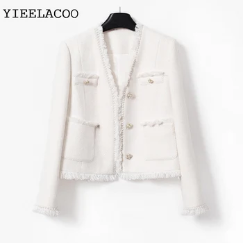 Beyaz kadın ceket V Yaka göğüslü tek parça Sonbahar / kış kadın ceketi Yeni Küçük Koku bayan ceket