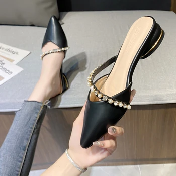 Kadın yüksek topuklu sandalet Katır 2023 Metal Zincir Süslemeleri Siyah Stiletto moda Pompaları Sonbahar Kadın Slingback Sandalet