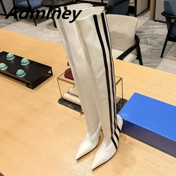 Moda 2023 Çorap Streç Uzun Çizme Sivri Burun İnce Yüksek Topuk Diz Yüksek Çizme Pembe Elastik Parti Pist Tasarımcı Çizme Kadın