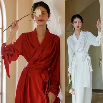 Katı Kadınlar Kimono Robe Seksi Gelin Nedime Elbiseler Gevşek Kadın Parti Düğün Uzun Pijama Bornoz Rahat Sabahlık